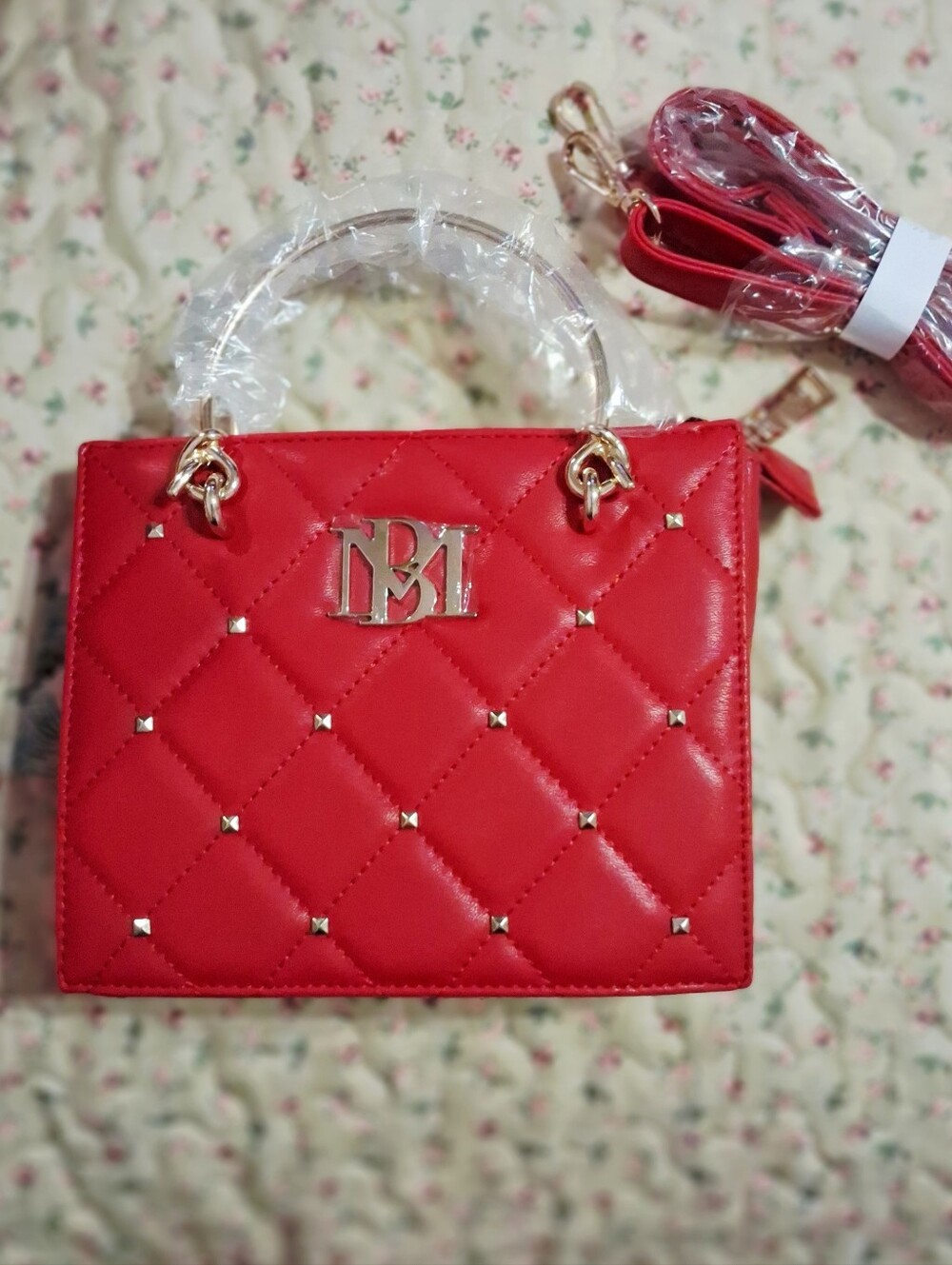 NWT Badgley Mischka Designer Red Quilted Top-Handle Bag With Removable Strap